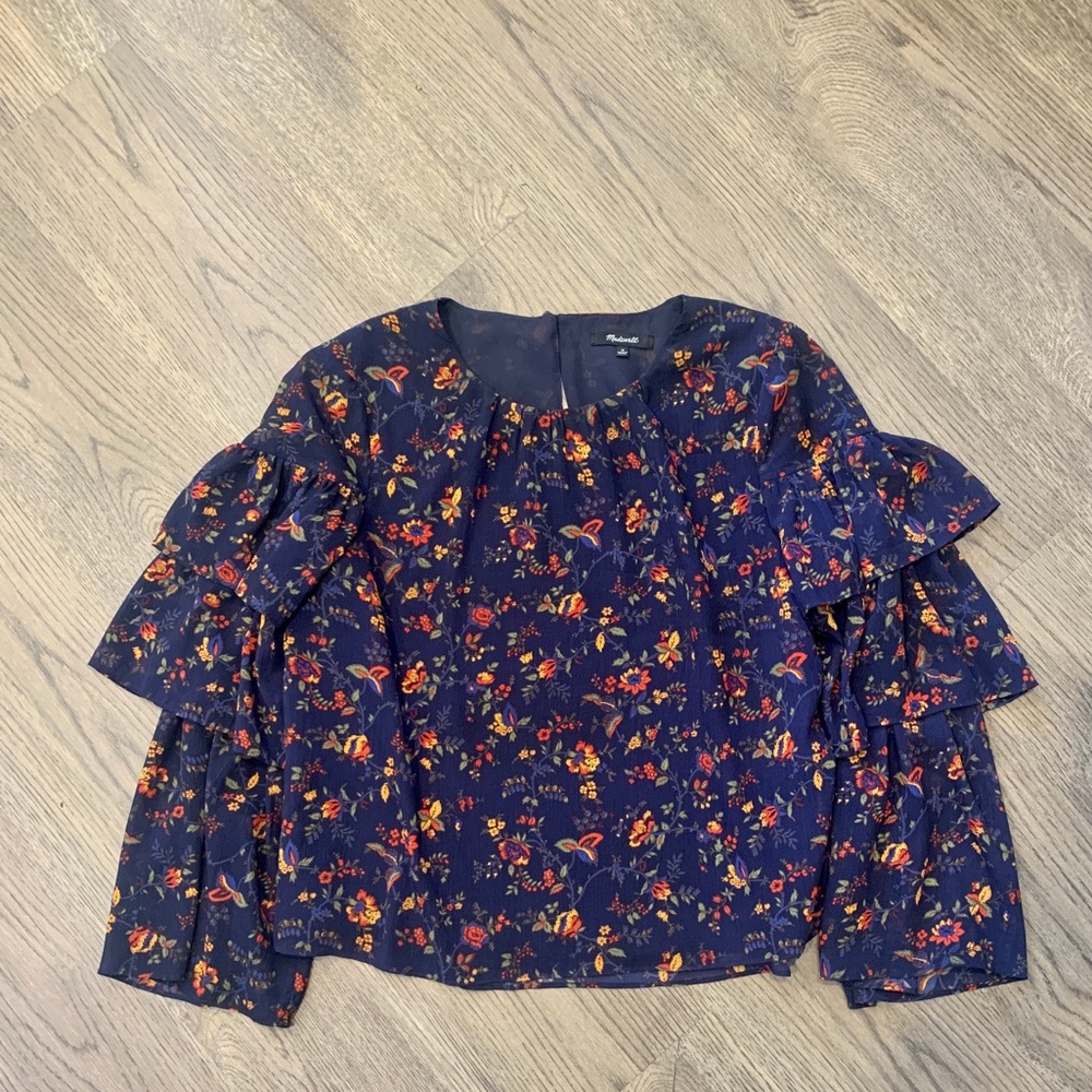 Madewell navy ruffle sleeve blouse